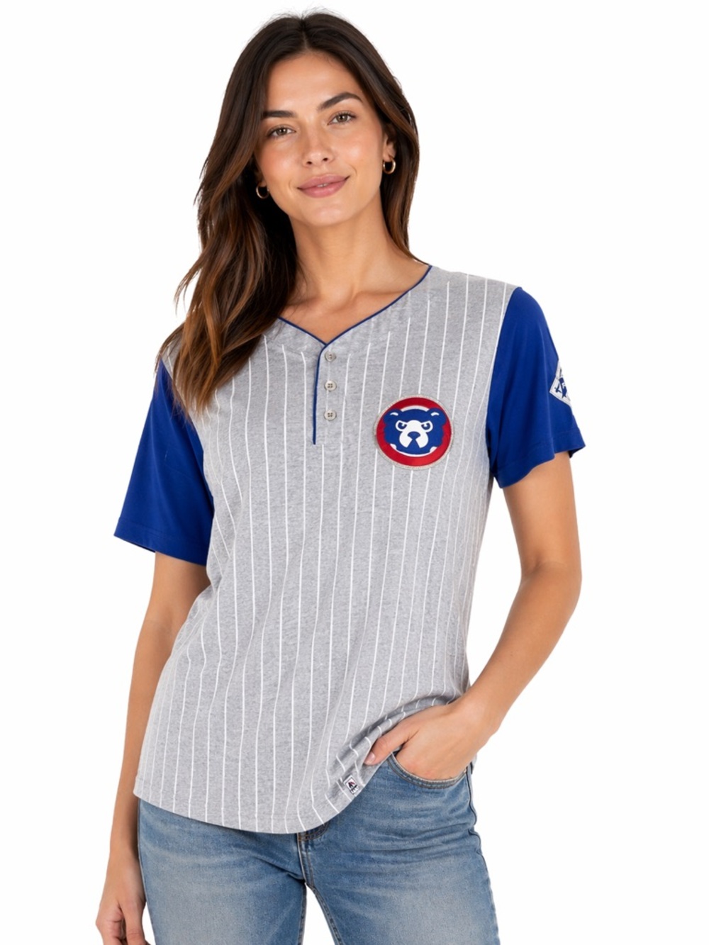 Majestic Women's Chicago Cubs From The Stretch Pinstripe Henley T-Shirt Size LG